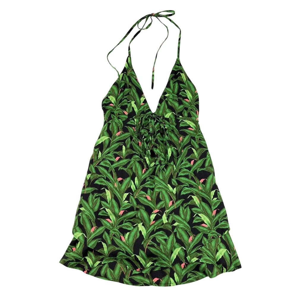 Farm Rio Tropical Leaf Print Halter Mini Dress Cover Up XS Boho Resort Vacation